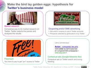 Make the bird lay golden eggs: hypothesis for
   Twitter’s business model




Market research
Companies pay to do market research on                     Couponing and/or SMS advertising
Twitter, Twitter selects the panels and                    • Ads and/or coupons to opt-in Twitter accounts.
analyses the results                                       • Prospects selected by geolocation or by Twitter




                                                          Contextual ads (Google Adwords like)
Freemium                                                  Contextual ads on Twitter search and during
You have to pay to get “pro” access to Twitter            tweeting
                                                                                                               ..…….

                                     Twitter Study • December 09 • faberNovel / L’Atelier de BNP - Paribas •   37
 