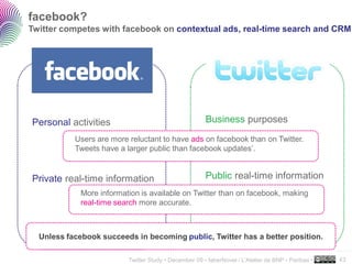 facebook?
Twitter competes with facebook on contextual ads, real-time search and CRM




Personal activities                                    Business purposes
           Users are more reluctant to have ads on facebook 20M on Twitter.
                                                            than users
           Tweets have a larger public than facebook updates’.


Private real-time information                          Public real-time information
             More information is available on Twitter than on facebook, making
             real-time search more accurate.



  Unless facebook succeeds in becoming public, Twitter has a better position.
                                                                                                    ..…….

                          Twitter Study • December 09 • faberNovel / L’Atelier de BNP - Paribas •   43
 