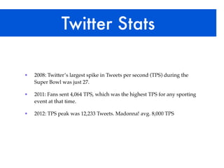 Twitter Stats

•   2008: Twitter’s largest spike in Tweets per second (TPS) during the
    Super Bowl was just 27.

•   2011: Fans sent 4,064 TPS, which was the highest TPS for any sporting
    event at that time.

•   2012: TPS peak was 12,233 Tweets. Madonna! avg. 8,000 TPS
 
