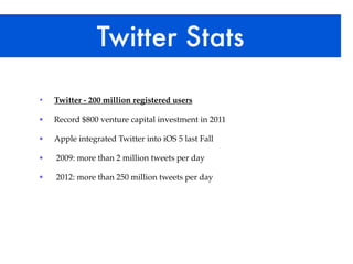 Twitter Stats

•   Twitter - 200 million registered users

•   Record $800 venture capital investment in 2011

•   Apple integrated Twitter into iOS 5 last Fall

•   2009: more than 2 million tweets per day

•   2012: more than 250 million tweets per day
 