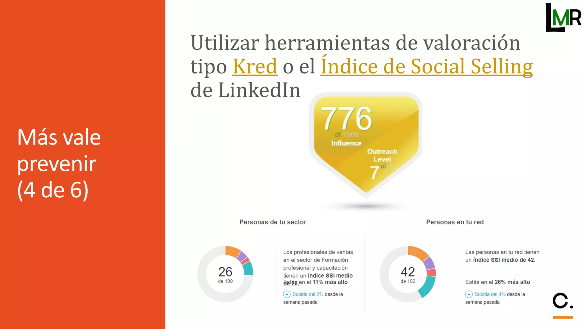 Más vale
prevenir
(4 de 6)
Utilizar herramientas de valoración
tipo Kred o el Índice de Social Selling
de LinkedIn
 