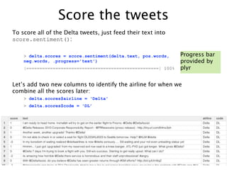 Score the tweets
To score all of the Delta tweets, just feed their text into
score.sentiment():

    > delta.scores = scor...