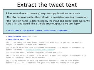 Extract the tweet text
R has several (read: too many) ways to apply functions iteratively.
•The plyr package uniﬁes them a...
