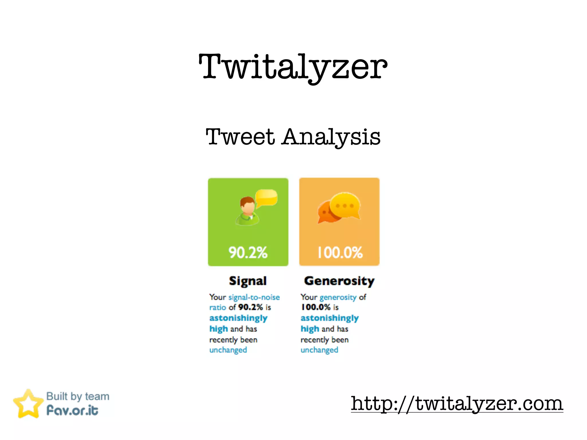 Twitalyzer
Tweet Analysis




           http://twitalyzer.com
 