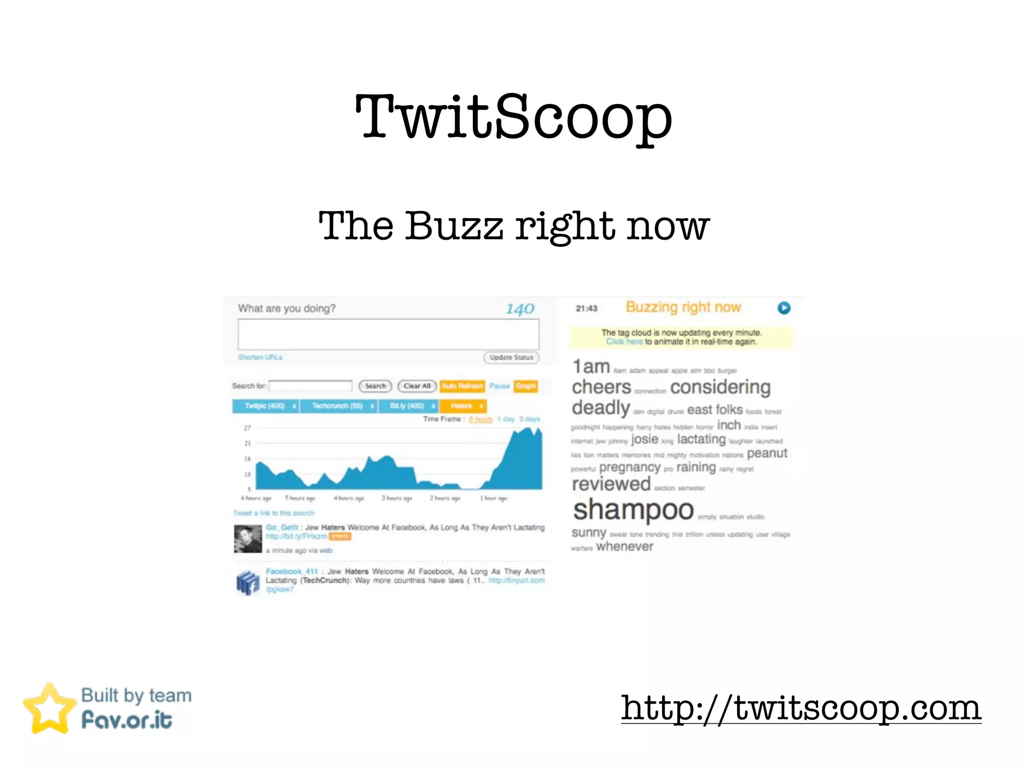 TwitScoop
The Buzz right now




             http://twitscoop.com
 