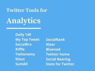 Twitter Tools for
Analytics
Daily 140
My Top Tweet
SocialBro
Riffle
Twitonomy
Klout
SumAll
SocialRank
Klear
Bluenod
Twitter home
Social Bearing
Stats for Twitter
 