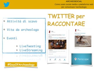 #DayOfArchaeology
TWITTER per
RACCONTARE
Attività di scavo
Vita da archeologo
Eventi
LiveTweeting
LiveStreaming
 