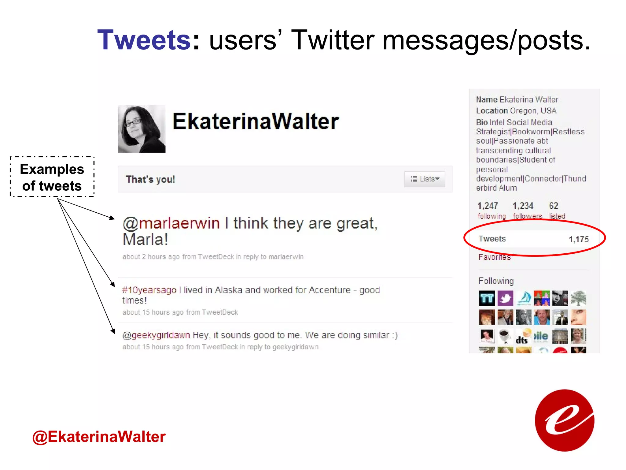 Tweets :  users’ Twitter messages/posts. @EkaterinaWalter Examples of tweets 