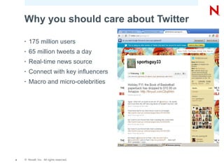 Why you should care about Twitter

    •   175 million users
    •   65 million tweets a day
    •   Real-time news source
    •   Connect with key influencers
    •   Macro and micro-celebrities




4   © Novell, Inc. All rights reserved.
 