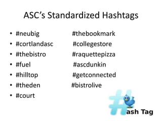 ASC’s Standardized Hashtags
• #neubig #thebookmark
• #cortlandasc #collegestore
• #thebistro #raquettepizza
• #fuel #ascdu...