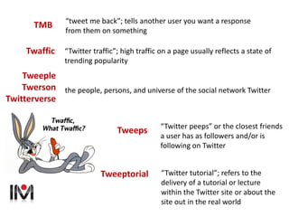 the people, persons, and universe of the social network Twitter
Tweeple
Twerson
Twitterverse
“Twitter traffic”; high traff...