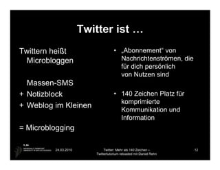 Twitter ist …
Twittern heißt                      • „Abonnement“ von
 Microbloggen                         Nachrichtenströmen, die
                                      für dich persönlich
                                      von Nutzen sind
  Massen-SMS
+ Notizblock                        • 140 Zeichen Platz für
                                      komprimierte
+ Weblog im Kleinen
                                      Kommunikation und
                                      Information
= Microblogging

         24.03.2010           Twitter: Mehr als 140 Zeichen –       12
                         Twittertutorium reloaded mit Daniel Rehn
 