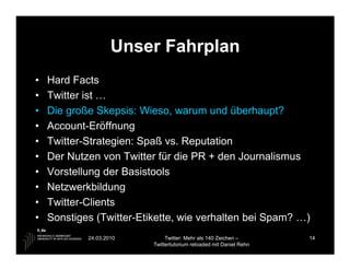 Unser Fahrplan
•   Hard Facts
•   Twitter ist …
•   Die große Skepsis: Wieso, warum und überhaupt?
•   Account-Eröffnung
•   Twitter-Strategien: Spaß vs. Reputation
•   Der Nutzen von Twitter für die PR + den Journalismus
•   Vorstellung der Basistools
•   Netzwerkbildung
•   Twitter-Clients
•   Sonstiges (Twitter-Etikette, wie verhalten bei Spam? …)
            24.03.2010         Twitter: Mehr als 140 Zeichen –       14
                          Twittertutorium reloaded mit Daniel Rehn
 