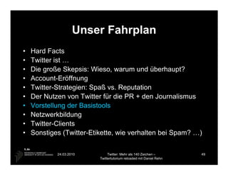 Unser Fahrplan
•   Hard Facts
•   Twitter ist …
•   Die große Skepsis: Wieso, warum und überhaupt?
•   Account-Eröffnung
•   Twitter-Strategien: Spaß vs. Reputation
•   Der Nutzen von Twitter für die PR + den Journalismus
•   Vorstellung der Basistools
•   Netzwerkbildung
•   Twitter-Clients
•   Sonstiges (Twitter-Etikette, wie verhalten bei Spam? …)

            24.03.2010         Twitter: Mehr als 140 Zeichen –       49
                          Twittertutorium reloaded mit Daniel Rehn
 