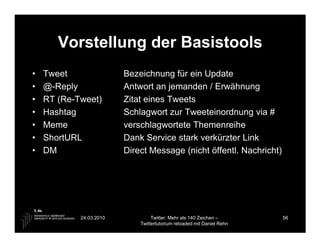 Vorstellung der Basistools
•   Tweet                Bezeichnung für ein Update
•   @-Reply              Antwort an jemanden / Erwähnung
•   RT (Re-Tweet)        Zitat eines Tweets
•   Hashtag              Schlagwort zur Tweeteinordnung via #
•   Meme                 verschlagwortete Themenreihe
•   ShortURL             Dank Service stark verkürzter Link
•   DM                   Direct Message (nicht öffentl. Nachricht)




            24.03.2010            Twitter: Mehr als 140 Zeichen –       56
                             Twittertutorium reloaded mit Daniel Rehn
 