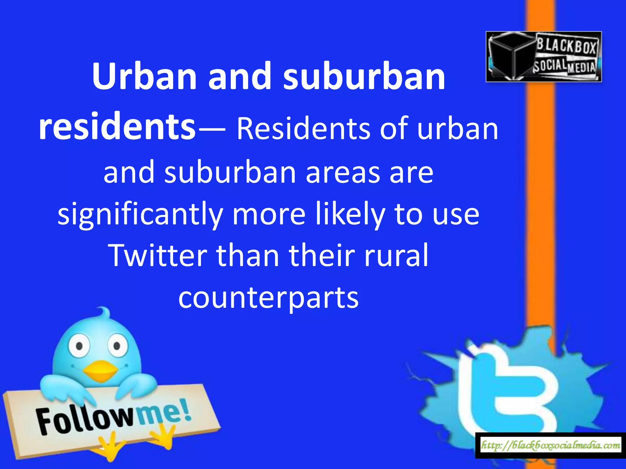 Urban and suburban
residents— Residents of urban
    and suburban areas are
 significantly more likely to use
     Twitter than their rural
          counterparts
 