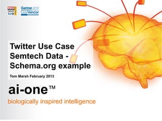 Outline of discussion
Topic-Mapper: ai-one for Text




  Twitter Use Case
  Semtech Data -
                  Title
  Schema.org example
  Tom Marsh February 2013



  ai-one™
 biologically inspired intelligence
 