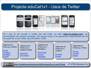 Projecte eduCat1x1 - Usos de Twitter




Tot i que es pot accedir a Twitter des del mòbil, via web (http://m.twitter.com), les
funcionalitats són bastant limitades. Per aquest motiu hi ha aplicacions específiques per tal
de poder fer ús de Twitter des del telèfon mòbil.


Aplicacions de                          Aplicacions de
                       Aplicacions de                                       Aplicacions de
Twitter per a iPhone                    Twitter per a    Aplicacions de
                       Twitter per a                                        Twitter per a Nokia
                                        BlackBerry       Twitter per a
Tweetie                Windows Mobile
                                                         Andriod            Gravity
Tweetdeck                               UberTwitter
                       PockeTwit                                            Tweet60
Twittelator                             Seesmic          Twidroid
                       Tiny Twitter                                         Snaptu
Echofon                                 OpenBeak         Seesmic




               http://creativecommons.org/licenses/by-nc-sa/3.0/es/ JT XTEC-Entorns 1x1
                http://creativecommons.org/licenses/by-nc-sa/3.0/es/      CRP Baix Ebre
 