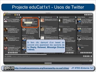 Projecte eduCat1x1 - Usos de Twitter




            Si fem clic damunt d’un tweet en
            concret ens apareixen les opcions de
            fer Reply, Retweet, Missatge Directe
            i Altres.




 http://creativecommons.org/licenses/by-nc-sa/3.0/es/ JT XTEC-Entorns 1x1
  http://creativecommons.org/licenses/by-nc-sa/3.0/es/      CRP Baix Ebre
 