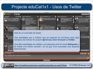 Projecte eduCat1x1 - Usos de Twitter




 Això és un exemple de tweet.

 Una estratègia per a indicar que es segueix la conversa amb algú
 company és indicar-ho posant @+el seu nom d’usuari a Twitter.

 Una altra estratègia és utilitzar una etiqueta amb la icona #etiqueta si
 es tracta d’un tema concret i en el que s’ha concretat una etiqueta
 determinada.




 http://creativecommons.org/licenses/by-nc-sa/3.0/es/ JT XTEC-Entorns 1x1
  http://creativecommons.org/licenses/by-nc-sa/3.0/es/      CRP Baix Ebre
 