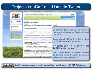 Projecte eduCat1x1 - Usos de Twitter




                                      El nombre d’aplicacions i serveis que
                                      han sorgit al voltant de Twitter és molt
                                      nombrós.

                                      Juan Miguel Muñoz n’ha fet un bon
                                      recull a la seva wiki personal:

                                      h t t p : / / j u a n m i . w i k . i s / Tw i t t e r /
                                      Twitter_y_su_mundo

                                      Val la pena fer-hi una visita i copsar
                                      de primera mà la diversitat d’opcions i
                                      aplicacions que existeixen.


 http://creativecommons.org/licenses/by-nc-sa/3.0/es/ JT XTEC-Entorns 1x1
  http://creativecommons.org/licenses/by-nc-sa/3.0/es/      CRP Baix Ebre
 