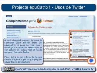 Projecte eduCat1x1 - Usos de Twitter




A partir d’aquest moment, la icona de
l’Echofon (part inferior dreta del
navegador) es posa de color blau, i
comença a mostrar els tweets que es
van rebent en temps real al nostre
compte d’usuari a Twitter.

Fins i tot a la part inferior hi ha una
casella disposada per a que puguem
enviar tweets directament.


          http://creativecommons.org/licenses/by-nc-sa/3.0/es/ JT XTEC-Entorns 1x1
           http://creativecommons.org/licenses/by-nc-sa/3.0/es/      CRP Baix Ebre
 