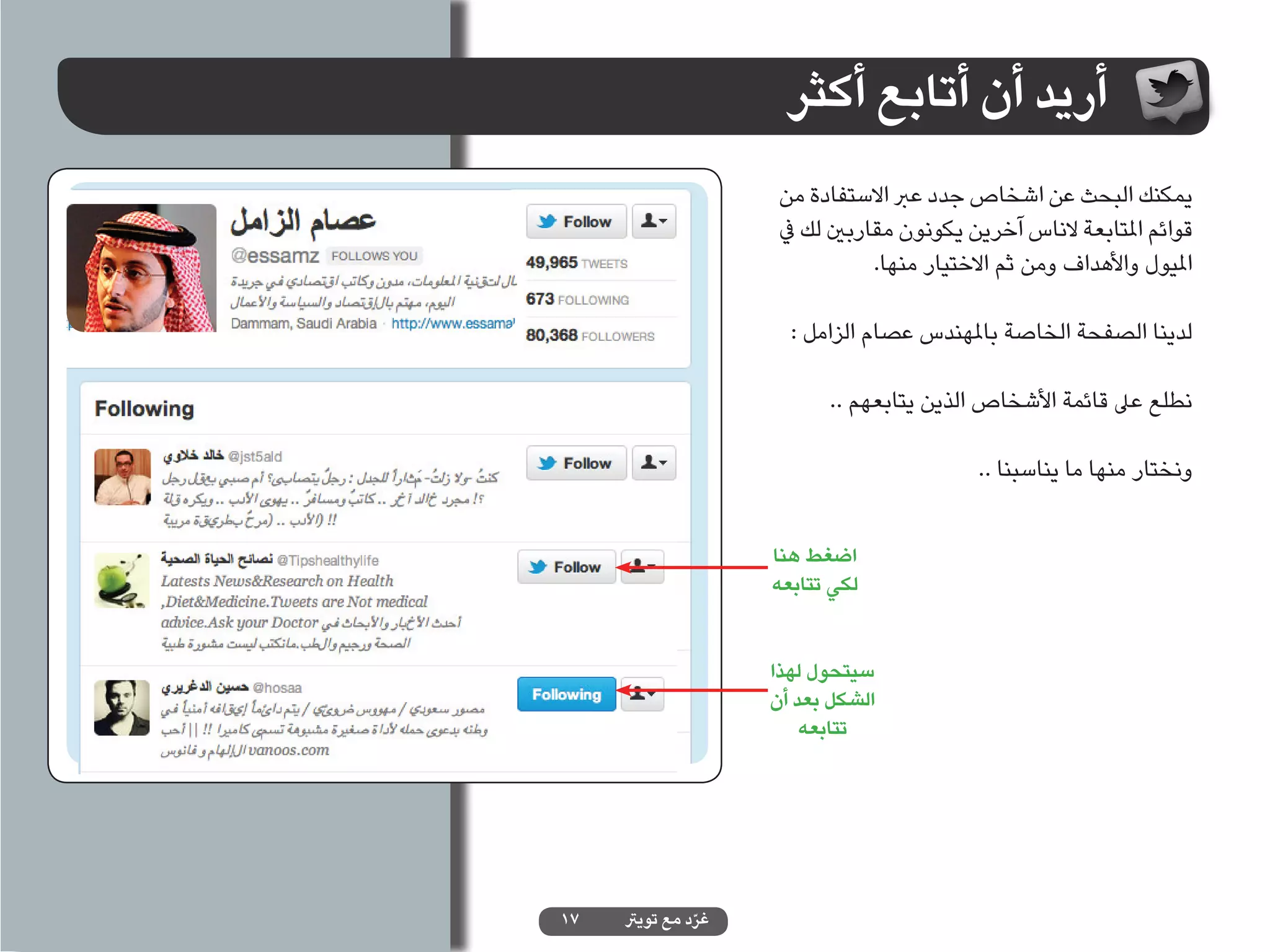‫أريد أن أتابع أكثر‬
                                ‫يمكنك البحث عن اشخاص جدد عرب االستفادة من‬
                                ‫قوائم املتابعة الناس آخرين يكونون مقاربني لك يف‬
                                           ‫امليول واألهداف ومن ثم االختيار منها.‬

                                 ‫لدينا الصفحة الخاصة باملهندس عصام الزامل :‬
 ‫قائمة‬
‫املتابعة‬                             ‫نطلع عىل قائمة األشخاص الذين يتابعهم ..‬

                                                       ‫ونختار منها ما يناسبنا ..‬


                               ‫اضغط هنا‬
                               ‫لكي تتابعه‬


                               ‫سيتحول لهذا‬
                               ‫الشكل بعد أن‬
                                   ‫تتابعه‬




           ‫71‬   ‫غرد مع تويرت‬
                          ‫ّ‬
 