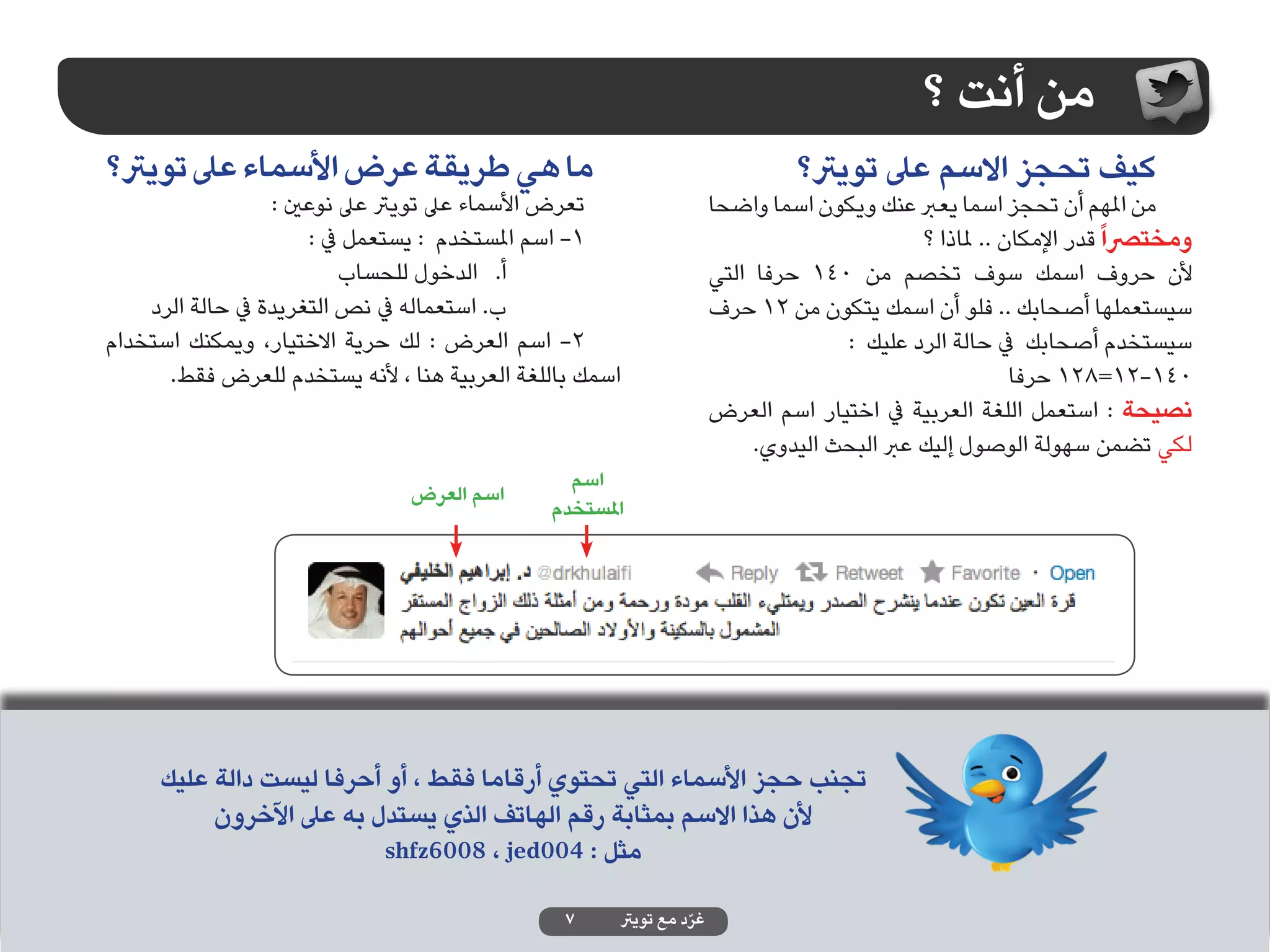 ‫من أنت ؟‬
‫ما هي طريقة عرض األسماء عىل تويرت؟‬                                           ‫كيف تحجز االسم عىل تويرت؟‬
                  ‫تعرض األسماء عىل تويرت عىل نوعني :‬                ‫من املهم أن تحجز اسما يعرب عنك ويكون اسما واضحا‬
                       ‫1- اسم املستخدم : يستعمل يف :‬                                       ‫ومخترصا ً قدر اإلمكان .. ملاذا ؟‬
                           ‫أ. الدخول للحساب‬                         ‫ألن حروف اسمك سوف تخصم من 041 حرفا التي‬
    ‫ب. استعماله يف نص التغريدة يف حالة الرد‬                         ‫سيستعملها أصحابك .. فلو أن اسمك يتكون من 21 حرف‬
‫2- اسم العرض : لك حرية االختيار، ويمكنك استخدام‬                                   ‫سيستخدم أصحابك يف حالة الرد عليك :‬
      ‫اسمك باللغة العربية هنا ، ألنه يستخدم للعرض فقط.‬                                                 ‫041-21=821 حرفا‬
                                                                    ‫نصيحة : استعمل اللغة العربية يف اختيار اسم العرض‬
                                                                         ‫لكي تضمن سهولة الوصول إليك عرب البحث اليدوي.‬
                                                ‫اسم‬
                               ‫اسم العرض‬
                                              ‫املستخدم‬




     ‫تجنب حجز األسماء التي تحتوي أرقاما فقط ، أو أحرفا ليست دالة عليك‬
          ‫ألن هذا االسم بمثابة رقم الهاتف الذي يستدل به عىل اآلخرون‬
                          ‫مثل : 400‪shfz6008 ، jed‬‬

                                                ‫7‬    ‫غرد مع تويرت‬
                                                               ‫ّ‬
 