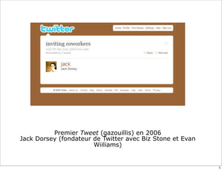 Premier Tweet (gazouillis) en 2006
Jack Dorsey (fondateur de Twitter avec Biz Stone et Evan
Wiiliams)
5
 