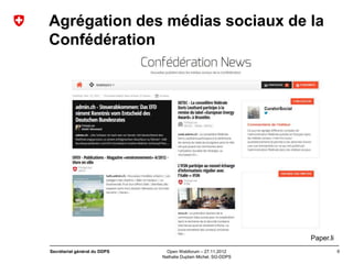 Agrégation des médias sociaux de la
Confédération




                                                                 Paper.li
Secrétariat général du DDPS     Open Webforum – 27.11.2012                  9
                              Nathalie Duplain Michel, SG-DDPS
 