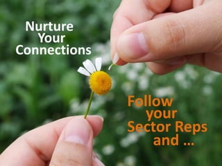 Nurture
   Your
Connections


              Follow
                 your
              Sector Reps
                  and …
 