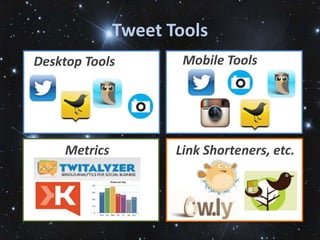 Tweet Tools
Desktop Tools          Mobile Tools




     Metrics          Link Shorteners, etc.
 