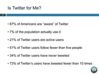 Is Twitter for Me? 5 87% of Americans are “aware” of Twitter