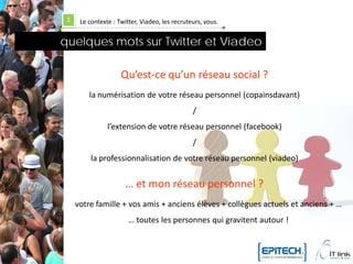 1    Le contexte : Twitter, Viadeo, les recruteurs, vous.


quelques mots sur Twitter et Viadeo

                     Qu’est-ce qu’un réseau social ?
         la numérisation de votre réseau personnel (copainsdavant)
                                                /
                l’extension de votre réseau personnel (facebook)
                                                /
          la professionnalisation de votre réseau personnel (viadeo)


                       … et mon réseau personnel ?
     votre famille + vos amis + anciens élèves + collègues actuels et anciens + …
                        … toutes les personnes qui gravitent autour !
 