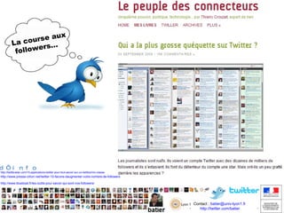 qui  quand pourquoi Des données statistiques autour de Twitter 25Juin, 2009  La société  Sysomos  nous offre des données statistiques complètes sur  Twitter :  An In-Depth Look Inside the Twitter World . L’étude est téléchargeable ici:  Inside Twitter 2009 (fichier PDF) . Pour résumer l’étude, voici les chiffres-clés significatifs à retenir  (sur une base de  11,5  millions d’utilisateurs) : 72%  des utilisateurs  ont créés leur compte dans les 5 derniers mois ; *  85%  des utilisateurs  publient moins d’un tweet par jour ; *  21%  des utilisateurs  n’ont jamais rien publié ;   * 50% des utilisateurs    n’ont rien publié dans les 7 derniers jours ;   * 94% des utilisateurs   ont moins de 100 followers ;   * 5% des utilisateurs   génèrent 75% de l’activité (10% en genère 86%) ;   * Plus les utilisateurs ont de followers et plus ils publient ;   * Les pays anglophones sont largement les plus représentés   (USA, UK, Canada, Australie) ;   * Aucun schéma fiable n’a pû être identifié quand au mode de   fonctionnement des communautés au sein de Twitter                                   Si on imprimait twitter :  http://francoisguite.posterous.com/if-you-printed-twitter-19 Stats janvier2010 :  http://themetricsystem.rjmetrics.com/2010/01/26/new-data-on-twitters-users-and-engagement/#more-1430 +  d’info 