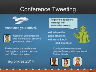 Conference Tweeting
Announce your arrival.
Ask where the
good places to
eat are at lunch
and Tweetup!
Research your speakers
and find out what sessions
you want to attend.
Find out what the conference
hashtag is so you can become
part of the conversation.
#grphxfest2014
Amplify the speakers
message with
informative tweets.
Continue the conversation
post conference with new found
Twitter friends.
 