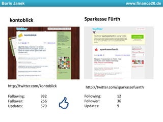 kontoblickSparkasse Fürthhttp://twitter.com/kontoblickhttp://twitter.com/sparkassefuerthFollowing: 	12Follower: 	36Updates: 		9Following: 	932Follower: 	256Updates: 		579
