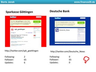 Sparkasse GöttingenDeutsche Bankhttp://twitter.com/spk_goettingenhttp://twitter.com/Deutsche_NewsFollowing: 	0Follower: 	65Updates: 		0Following: 	2Follower: 	65Updates: 		6