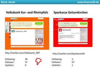 Volksbank Kur- und RheinpfalzSparkasse Gelsenkirchenhttp://twitter.com/Volksbank_KRPhttp://twitter.com/SparkasseGEFollowing: 	3Follower: 	67Updates: 		1Following: 	30Follower: 	57Updates: 		0