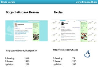 Bürgschaftsbank HessenFicobahttp://twitter.com/ficobahttp://twitter.com/buergschaftFollowing: 	75Follower: 	266Updates: 		359Following: 	2148Follower: 	1999Updates: 		  288