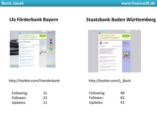 Lfa Förderbank BayernStaatsbank Baden Württemberghttp://twitter.com/Foerderbankhttp://twitter.com/L_BankFollowing: 	40Follower: 	65Updates: 		41Following: 	15Follower: 	23Updates: 		11