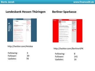 Landesbank Hessen ThüringenBerliner Sparkassehttp://twitter.com/Helabahttp://twitter.com/BerlinerSPKFollowing: 	3Follower: 	39Updates:                  78Following: 	8Follower: 	141Updates: 		16