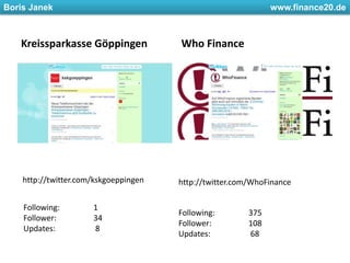 Kreissparkasse GöppingenWho Financehttp://twitter.com/kskgoeppingenhttp://twitter.com/WhoFinanceFollowing: 	1Follower: 	34Updates:                    8Following: 	375Follower: 	108Updates:                    68