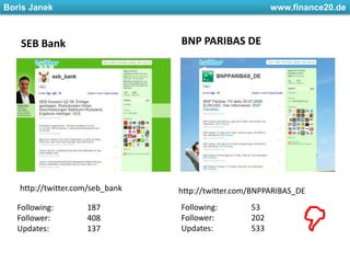 SEB BankBNP PARIBAS DEhttp://twitter.com/seb_bankhttp://twitter.com/BNPPARIBAS_DEFollowing: 	53Follower: 	202Updates: 		533Following: 	187Follower: 	408Updates: 		137
