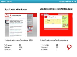 Sparkasse Köln BonnLandessparkasse zu Oldenburghttp://twitter.com/Sparkasse_KBNhttp://twitter.com/landessparkasseFollowing: 	21Follower: 	30Updates: 		0Following: 	57Follower: 	197Updates: 		93