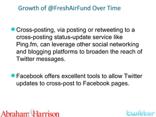 Cross-posting, via posting or retweeting to a cross-posting status-update service like Ping.fm, can leverage other social networking and blogging platforms to broaden the reach of Twitter messages. Facebook offers excellent tools to allow Twitter updates to cross-post to Facebook pages. Growth of @FreshAirFund Over Time 