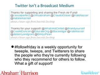 Twitter Isn't a Broadcast Medium #followfriday is a weekly opportunity for tweeple, tweeps, and Twitterers to share the people who they're currently following who they recommend for others to follow. What a gift of support!  