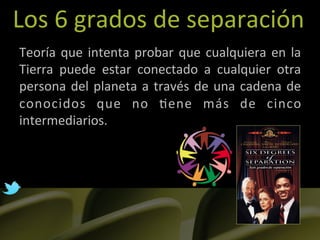 Los	
  6	
  grados	
  de	
  separación	
  
Teoría	
   que	
   intenta	
   probar	
   que	
   cualquiera	
   en	
   la	
  
Tierra	
   puede	
   estar	
   conectado	
   a	
   cualquier	
   otra	
  
persona	
   del	
   planeta	
   a	
   través	
   de	
   una	
   cadena	
   de	
  
conocidos	
   que	
   no	
   ]ene	
   más	
   de	
   cinco	
  
intermediarios.	
  
 