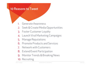 10 Reasons to Tweet



        1.        Generate Awareness
        2.        Seek & Create Media Opportunities
        3.        Foster Customer Loyalty
        4.        Launch Viral Marketing Campaigns
        5.        Manage Reputations
        6.        Promote Products and Services
        7.        Network with Customers
        8.        Extend Event Participation
        9.        Monitor Trends & Breaking News
        10.       Recruiting
   Affect Strategies           PROPRIETARY & CONFIDENTIAL   6/26/2009
 