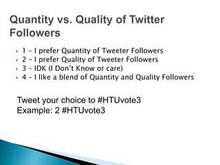 Quantity vs. Quality of Twitter Followers1 – I prefer Quantity of Tweeter Followers2 – I prefer Quality of Tweeter Followers3 – IDK (I Don’t Know or care)4 – I like a blend of Quantity and Quality FollowersTweet your choice to #HTUvote3Example: 2 #HTUvote3